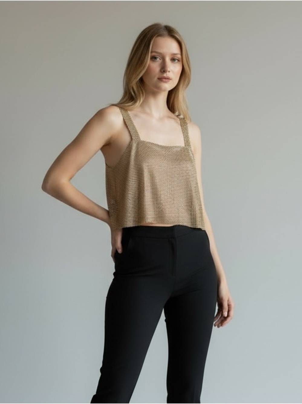 Lulu's Metallic Gold Chain Cropped Tank
